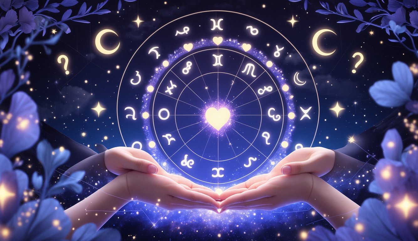 A celestial birth chart with zodiac signs glowing behind two hands holding a heart-shaped constellation of stars.