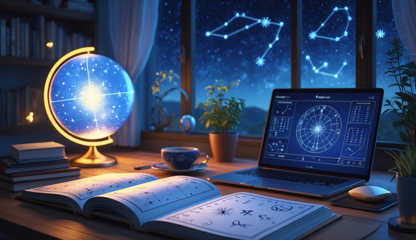 A workspace with an open book showing zodiac symbols, a glowing celestial globe, a laptop with constellations, and a starry night sky visible through a window.