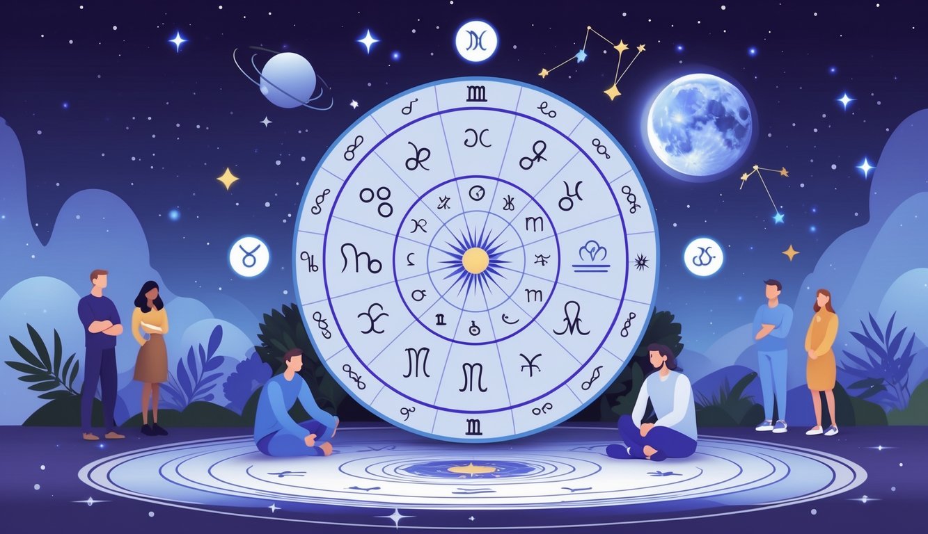 An illustration showing a zodiac wheel with all twelve signs surrounded by stars, planets, and diverse people contemplating astrology.