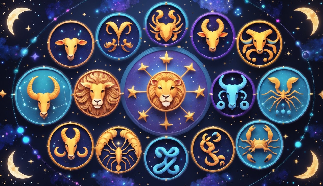 A circular arrangement of all twelve Zodiac signs, each depicted with its traditional symbol and constellation against a starry celestial background.