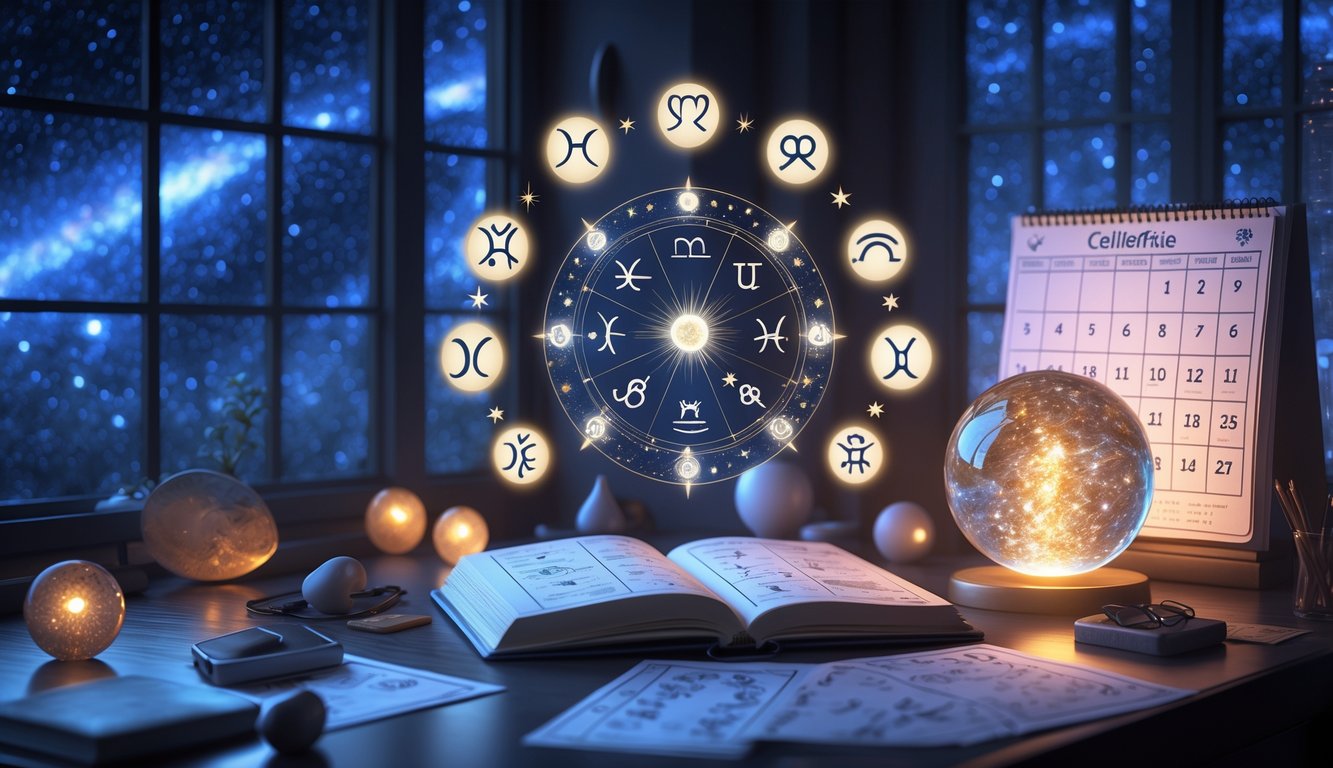 A calm consultation space with zodiac symbols, a crystal ball, star charts, and a starry night sky visible through a window.