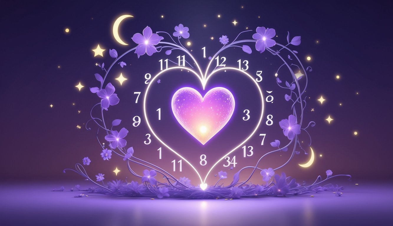 A glowing heart surrounded by numbers, stars, and floral vines against a deep purple and blue background.
