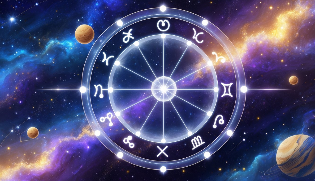 A celestial scene showing stars, galaxies, and zodiac symbols arranged in a circular astrological chart with connecting lines and orbiting planets.