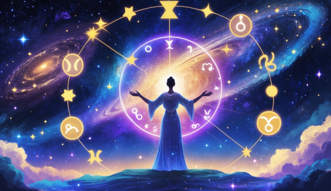 A person standing confidently surrounded by glowing stars, planets, and zodiac symbols with a galaxy in the background.