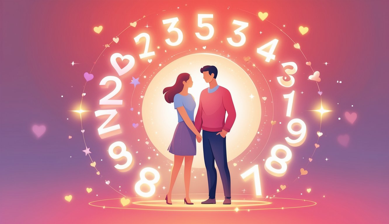 Two people standing close surrounded by glowing numbers and soft heart shapes symbolizing love and relationship compatibility.