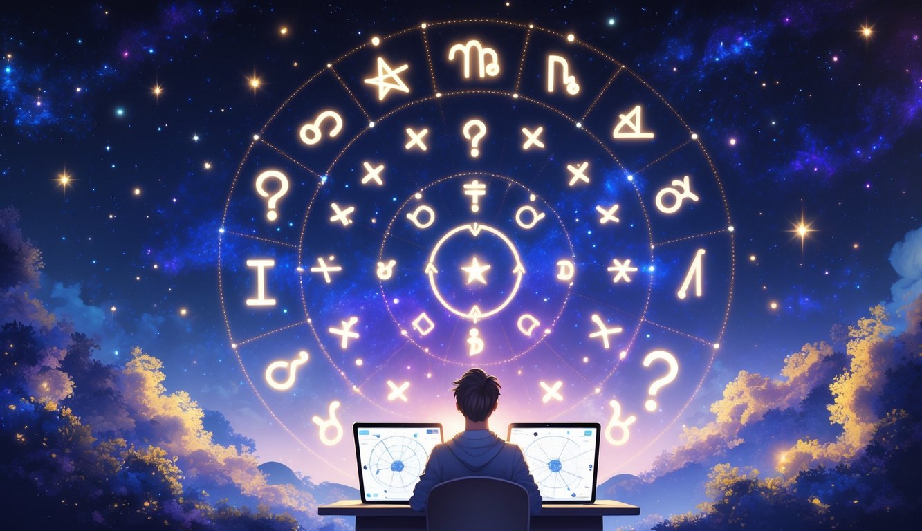 A person sitting at a desk studying cosmic astrology with zodiac symbols and stars glowing in the night sky above.