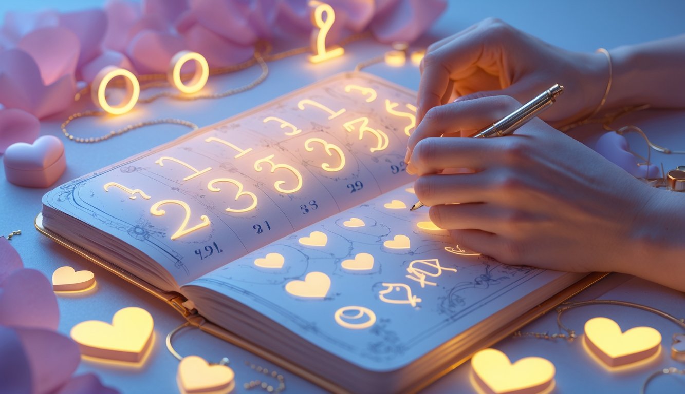 A workspace with an open notebook showing numerology charts and heart symbols, hands holding a pen above it, surrounded by glowing numbers and hearts.