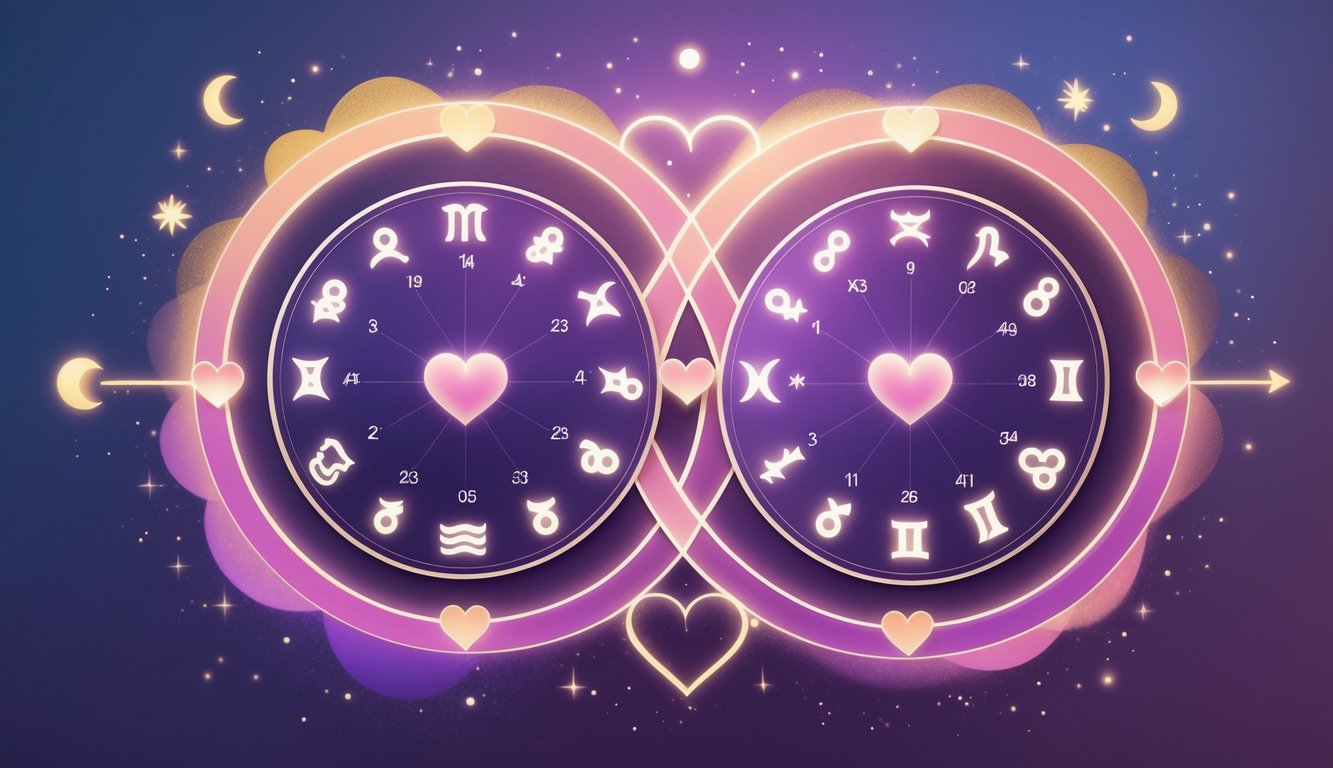 Two glowing zodiac birth charts intertwined with connecting lines and heart shapes, surrounded by stars and celestial elements against a night sky background.