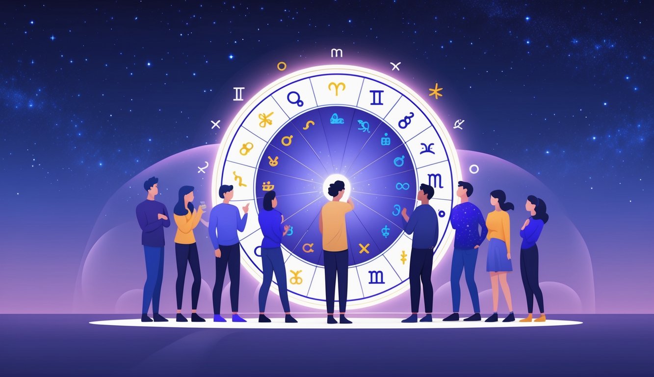 People gathered around a glowing zodiac wheel under a starry night sky, exploring different zodiac signs.