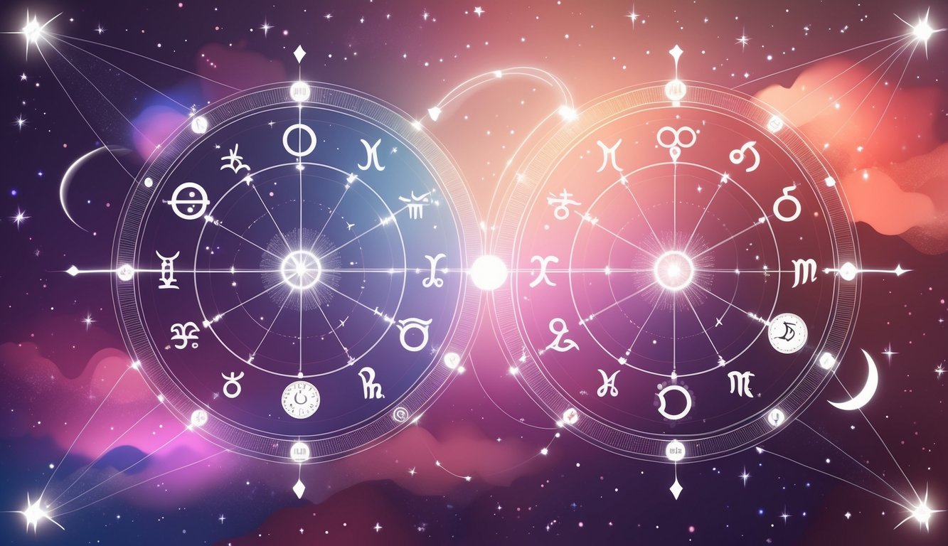 Two astrological birth charts side by side with connecting lines and glowing celestial elements symbolizing love and compatibility.