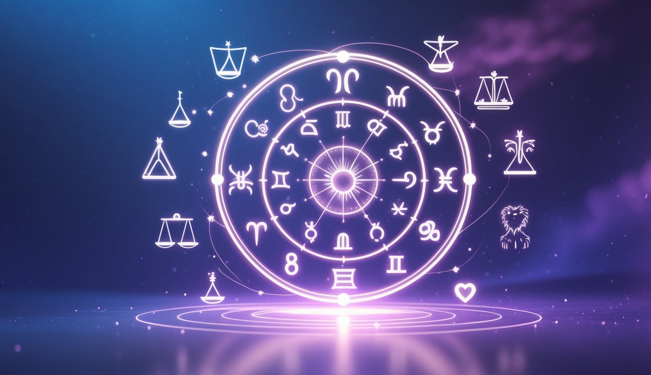 A glowing zodiac wheel surrounded by symbols representing different personality traits, set against a cosmic background.