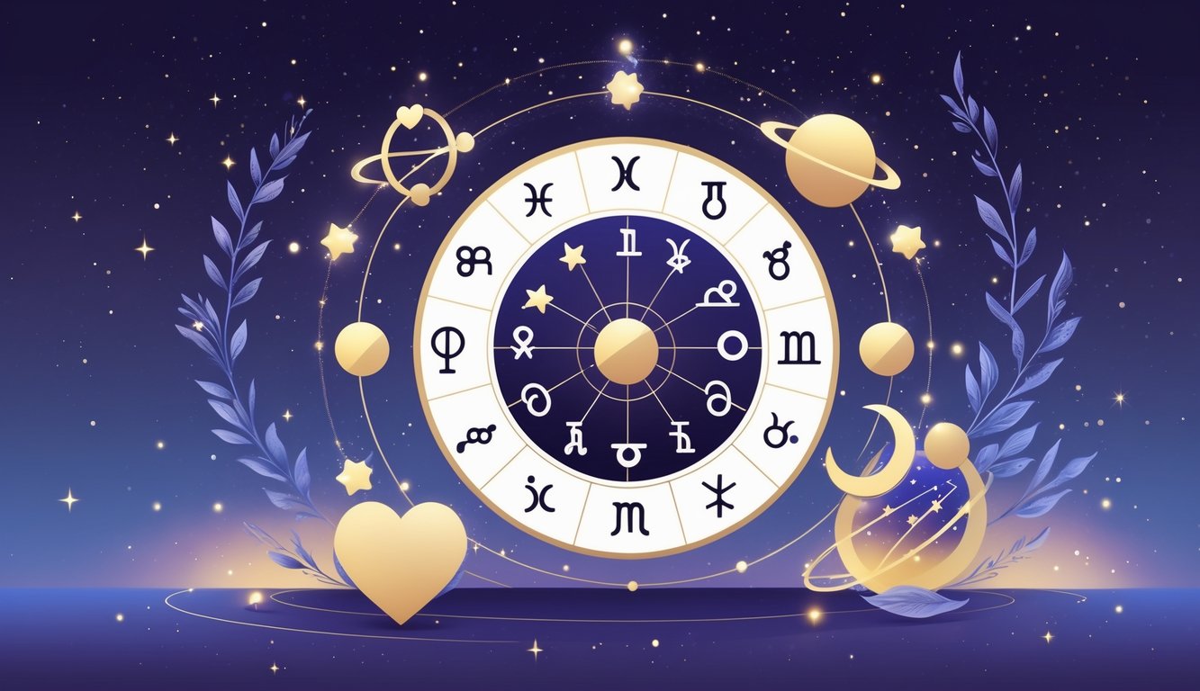 An illustration of a birth chart with zodiac symbols and planets, alongside a heart intertwined with stars and moons, set against a starry night sky background.