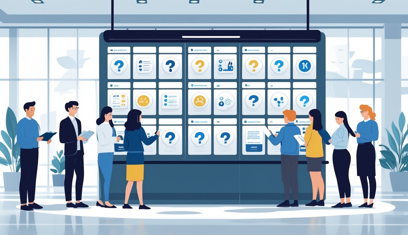 A signboard with question and answer icons surrounded by people reading and discussing information in a public indoor space.