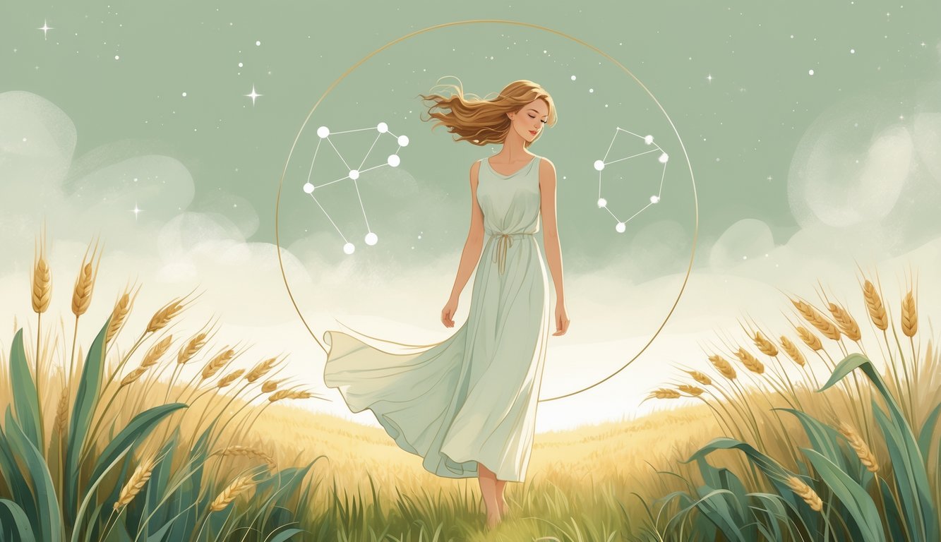 A maiden standing in a wheat field under a calm sky with faint stars and the Virgo constellation above her.