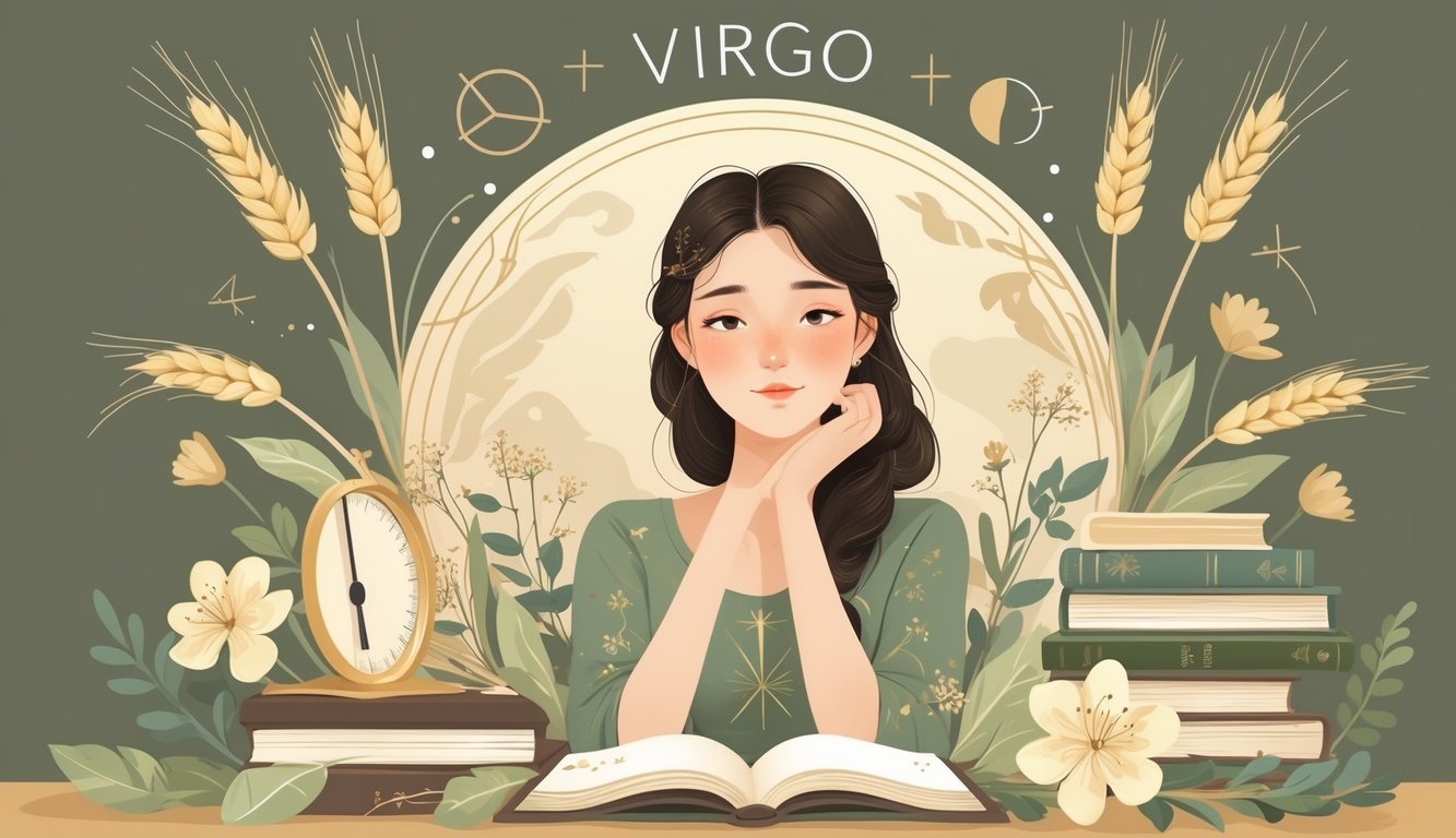 A calm young woman surrounded by wheat stalks, flowers, and organized objects, representing the thoughtful and meticulous nature of Virgo.