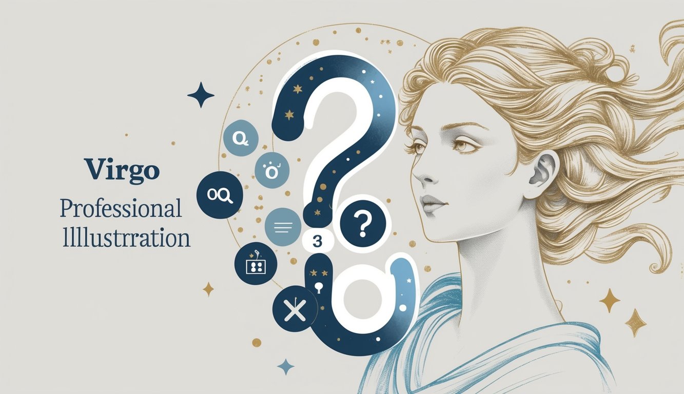 An illustration showing the Virgo zodiac sign with a maiden figure surrounded by question marks and information icons symbolizing frequently asked questions.