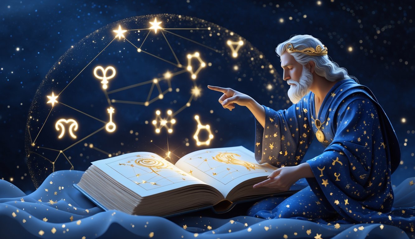 An astrologer studies an open book with zodiac symbols and constellations glowing in the starry night sky.