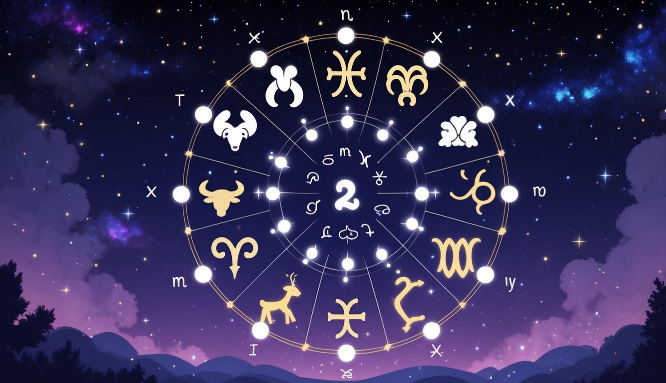 A circular arrangement of the 12 zodiac signs with their symbols and constellations set against a starry night sky.