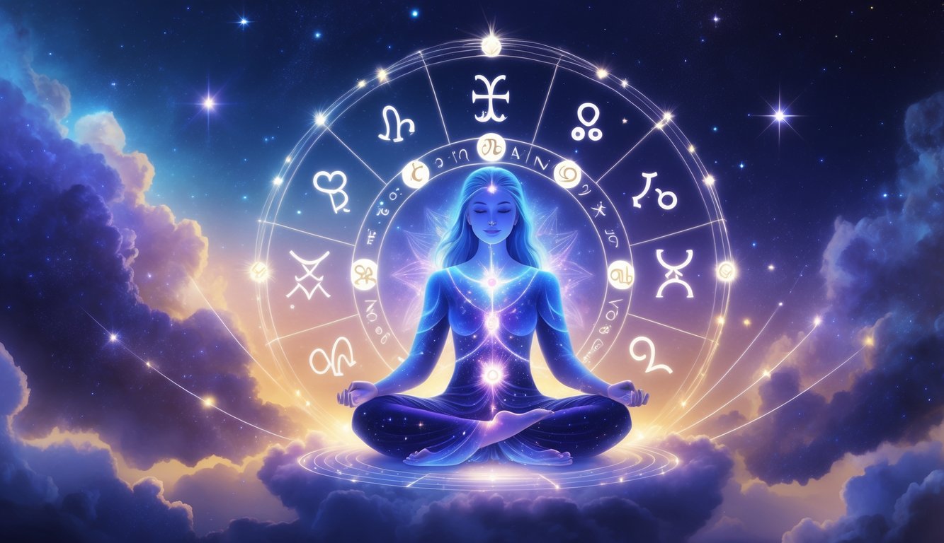 A meditating figure surrounded by a glowing aura and a floating zodiac wheel against a starry cosmic background.