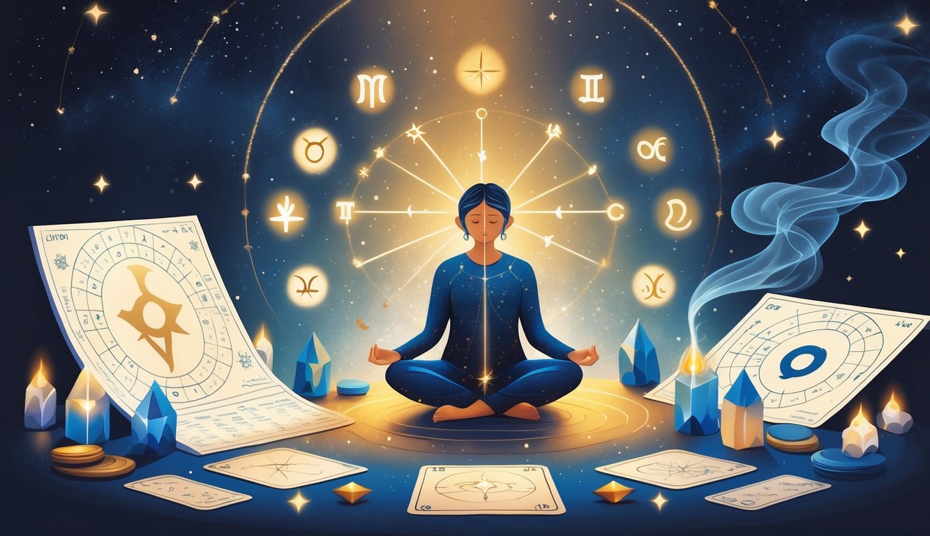 A person meditating surrounded by zodiac symbols, astrology charts, crystals, tarot cards, and incense in a starry cosmic setting.