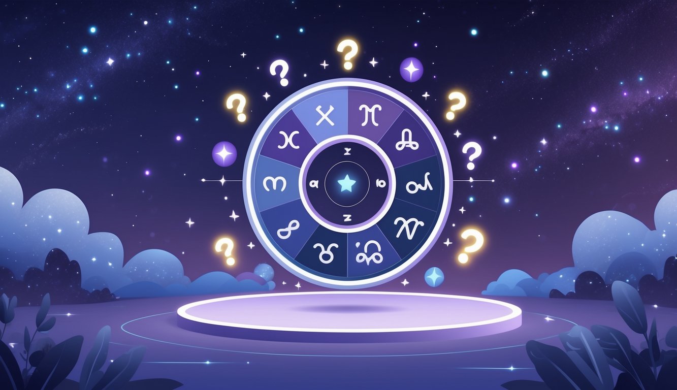 An illustration showing the twelve zodiac signs arranged in a circle with stars and constellations in the background, surrounded by floating question marks and lightbulbs.