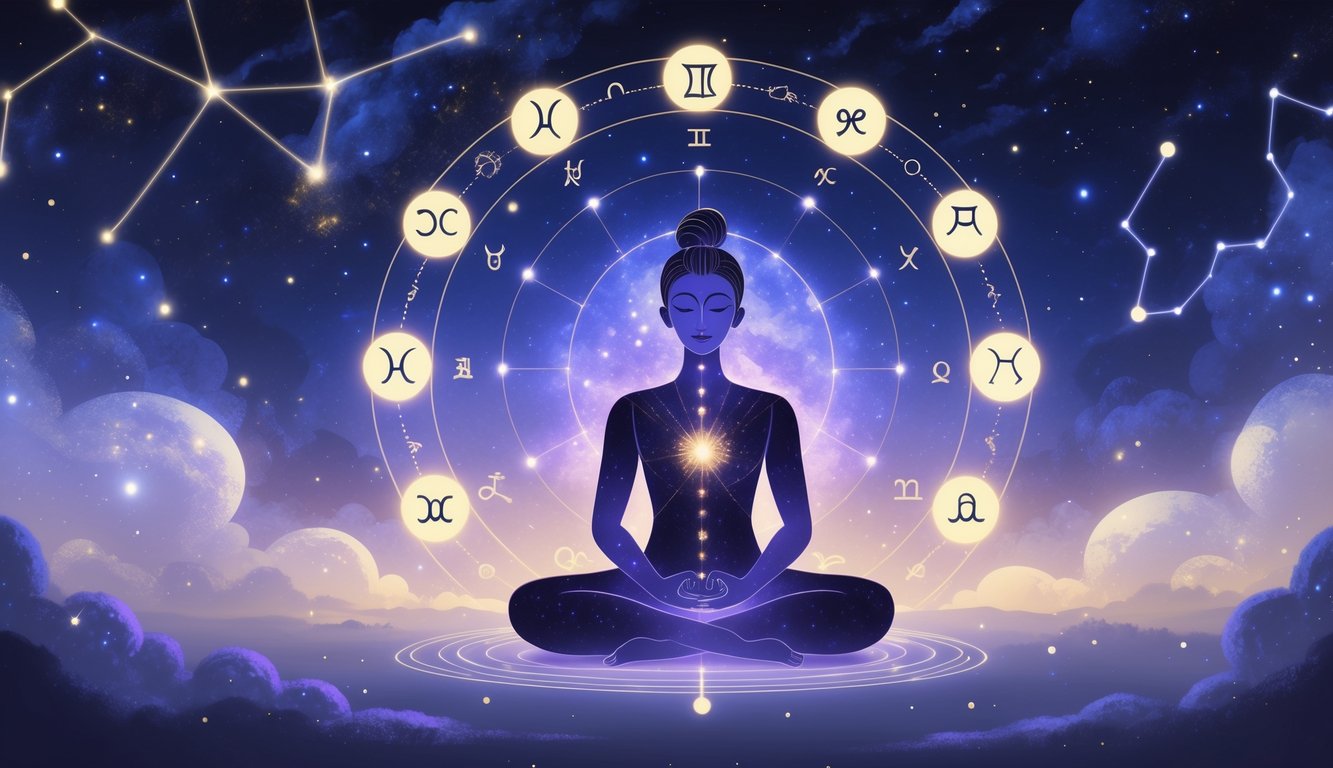 A person meditating surrounded by glowing zodiac symbols under a starry sky with constellations and cosmic light.