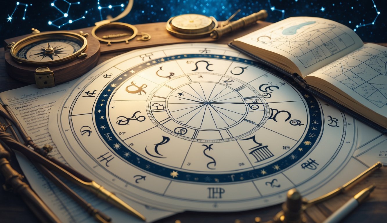 A circular astrological birth chart with zodiac segments and planetary symbols on a desk surrounded by astrological tools and an open book, set against a starry background.