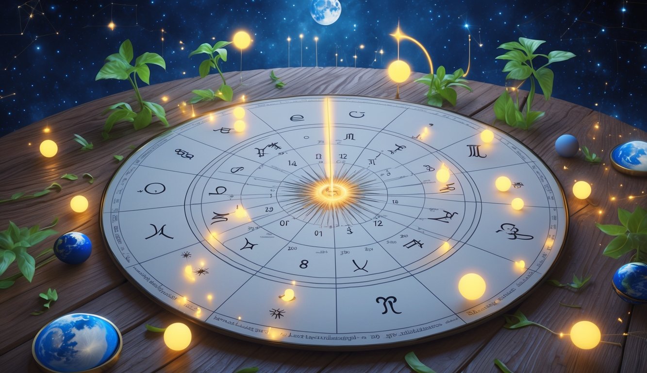 A circular birth chart on a table surrounded by stars, planets, and symbols of growth like sprouting plants and light beams.