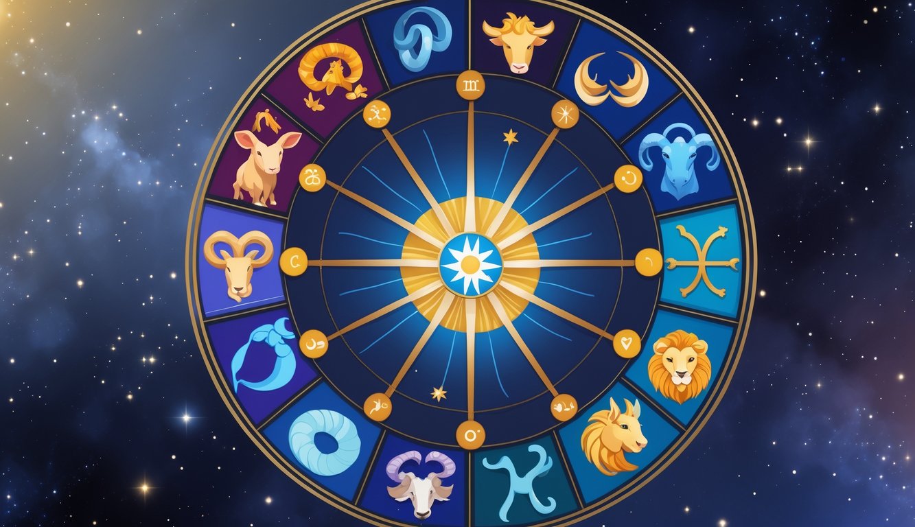 A circular zodiac wheel divided into twelve sections, each showing a different horoscope symbol with a cosmic background.