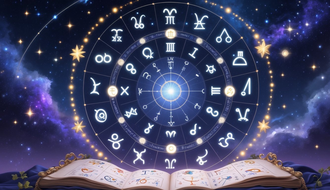 An ornate birth chart surrounded by zodiac symbols with a starry night sky and cosmic elements in the background.