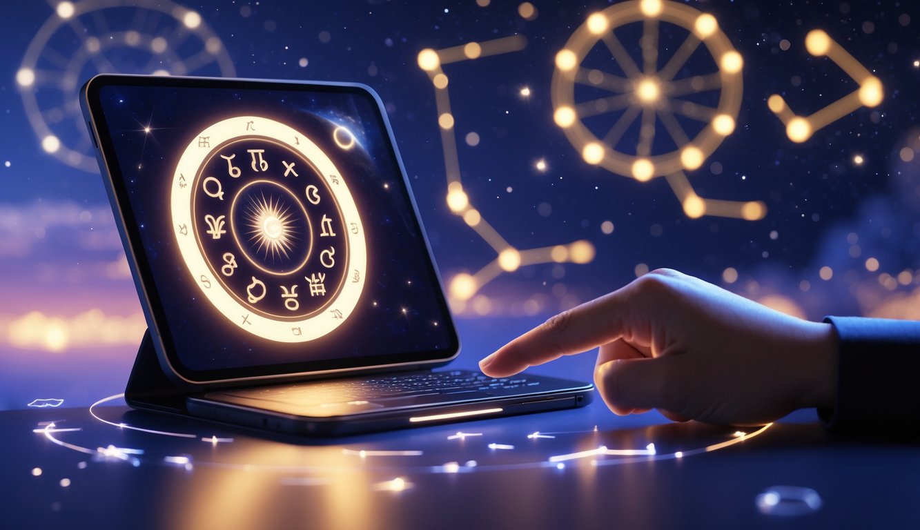A hand points to a glowing zodiac wheel on a digital tablet surrounded by astrological symbols and star charts.