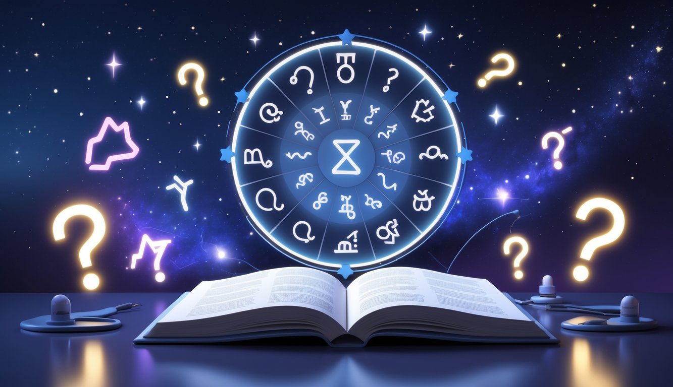 A desk with zodiac symbols arranged in a circle, surrounded by glowing question and answer icons against a starry celestial background.