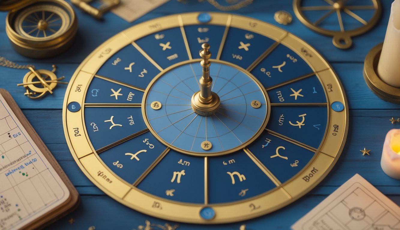 A circular astrological birth chart with zodiac symbols and planetary glyphs on a wooden table, surrounded by an open notebook, a compass, and a glowing candle.