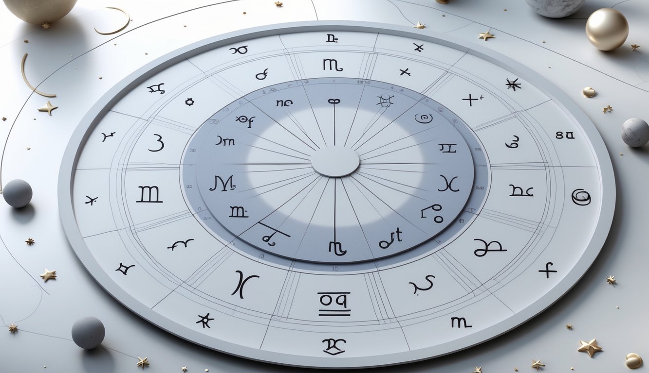An astrological birth chart showing twelve zodiac segments with planetary symbols arranged in a circular pattern surrounded by stars and celestial elements.