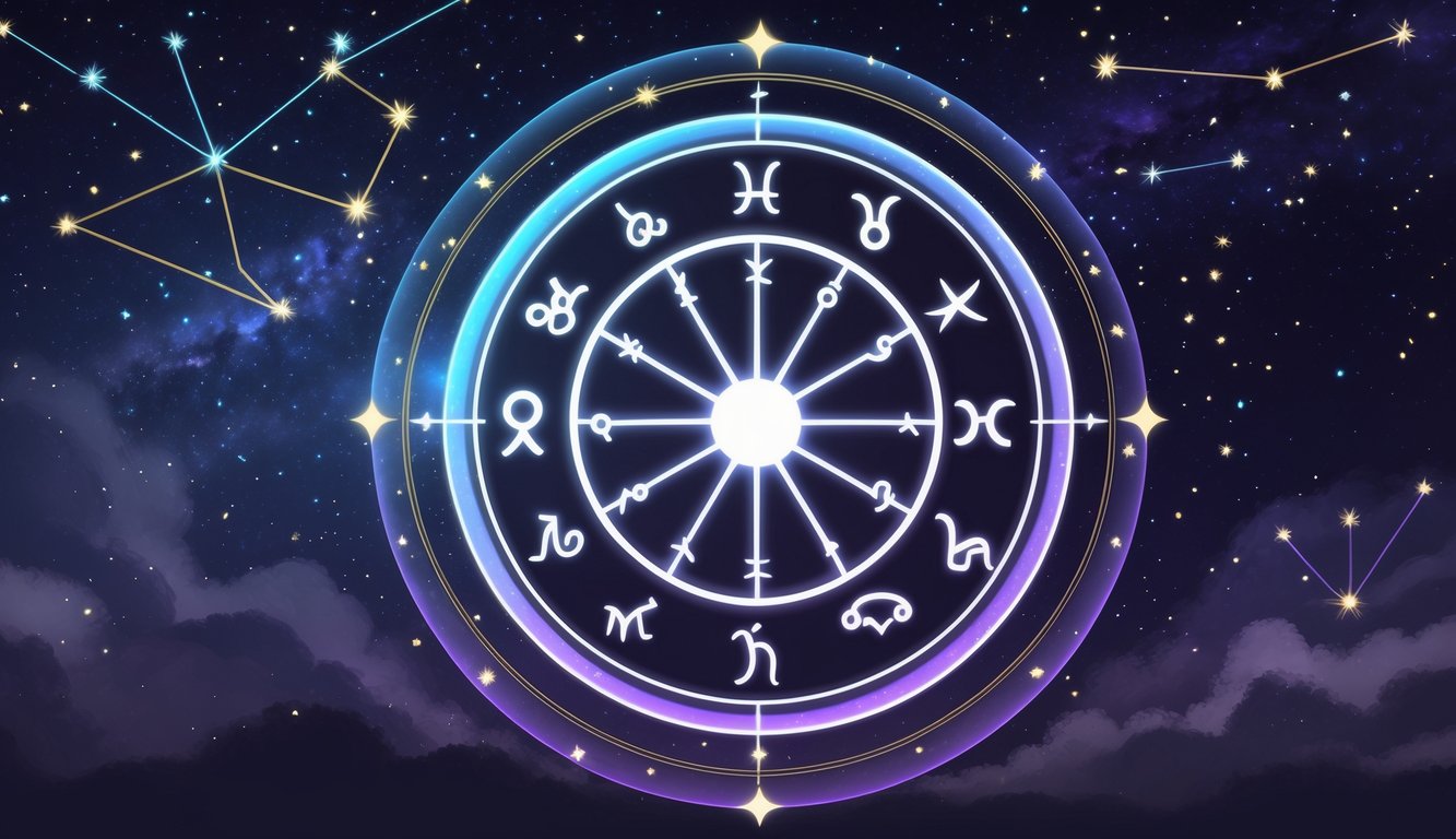 A glowing zodiac wheel with twelve segments and star constellations set against a dark starry sky.