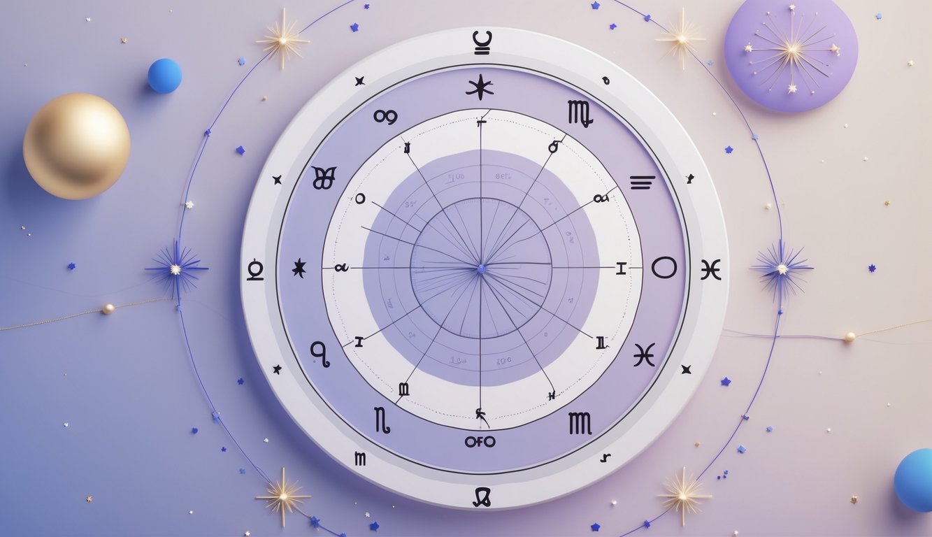 A detailed circular astrological birth chart with zodiac signs and connecting lines representing planetary aspects.