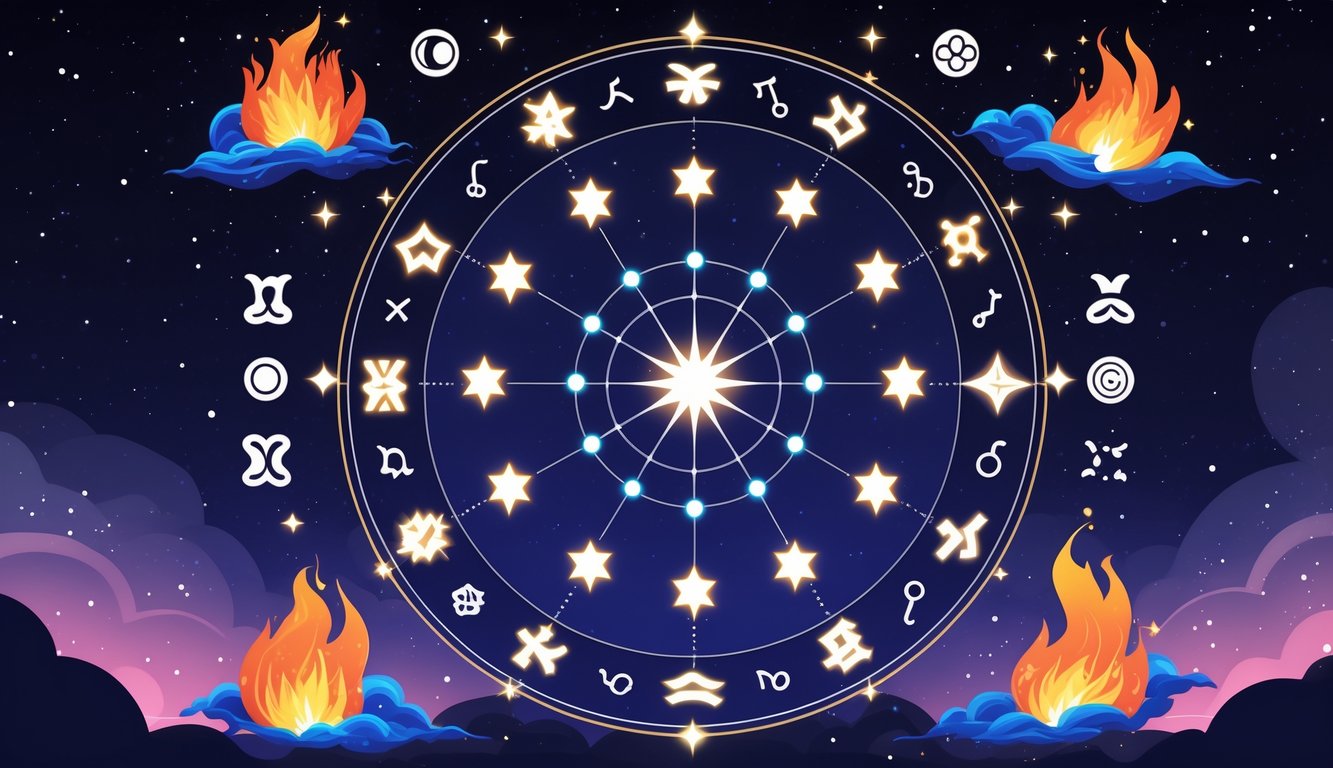 A circular star chart showing the twelve zodiac constellations with glowing stars, surrounded by symbols of fire, earth, air, and water elements, set against a dark starry sky.