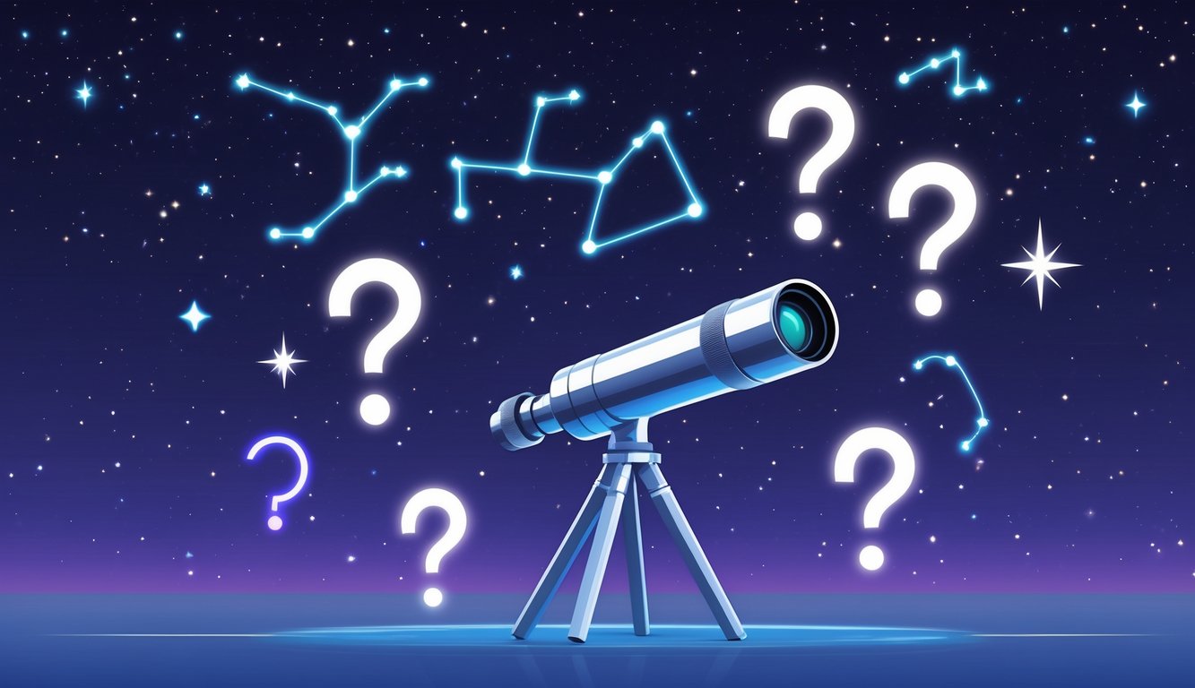 A night sky with stars and zodiac constellations, a telescope pointing upward, and glowing astrology symbols floating nearby.