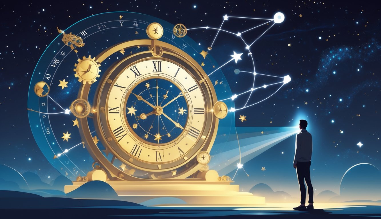 A human figure stands beside a celestial clock surrounded by zodiac signs and stars under a cosmic sky.