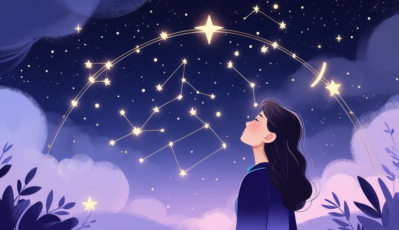 A person looking up at a night sky filled with stars and constellations connected to form a birth star pattern.