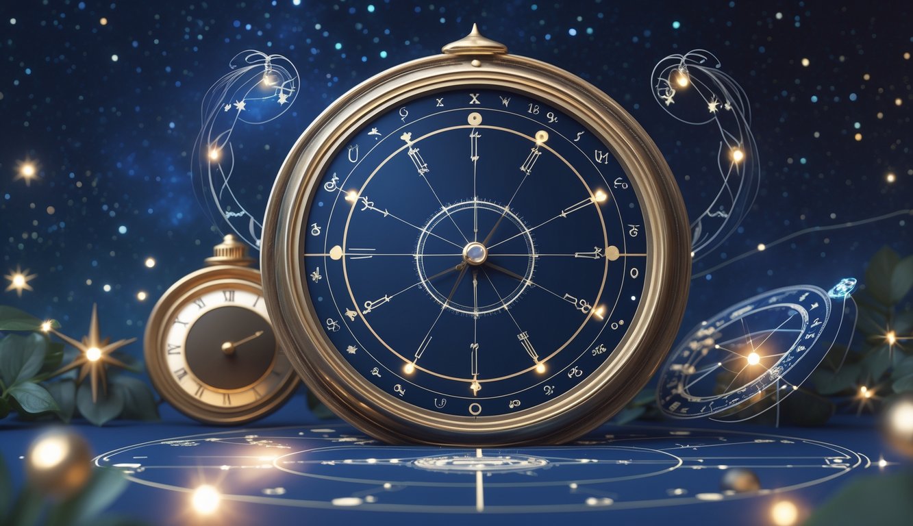 A detailed celestial chart with zodiac signs, planets, and an antique clock against a starry night sky.
