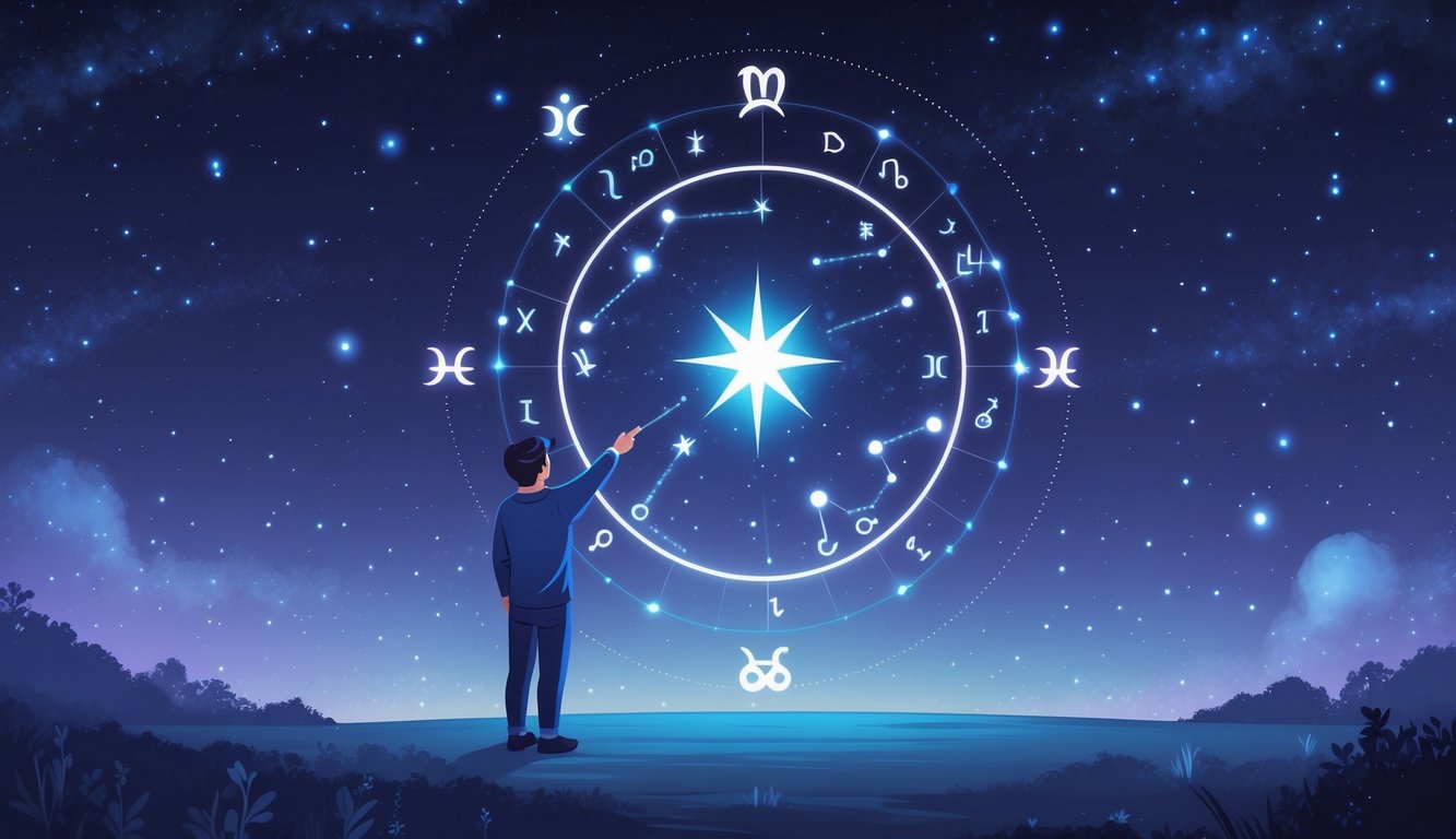 A person pointing at a glowing star in the night sky surrounded by constellations and zodiac symbols.