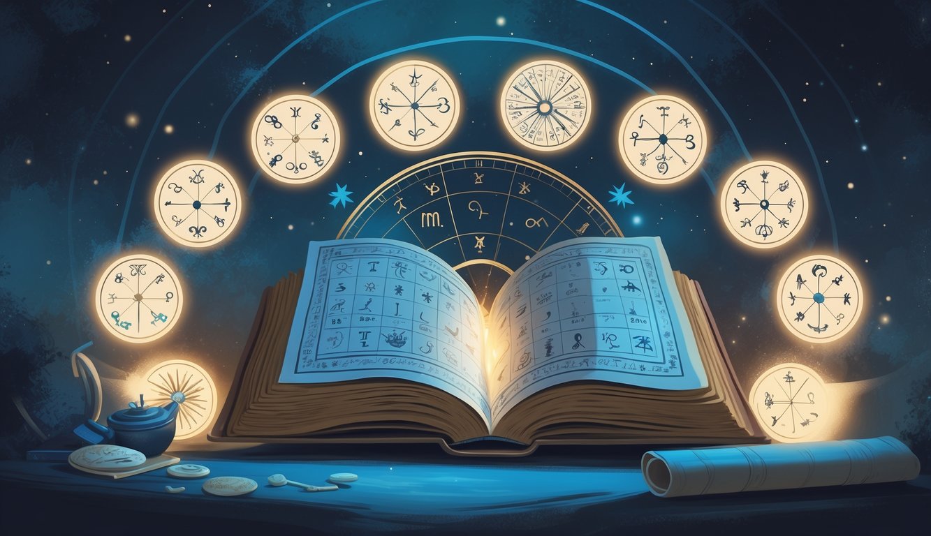 An open ancient book with zodiac charts and glowing zodiac signs arranged in a circle around it, with a clock face in the background.