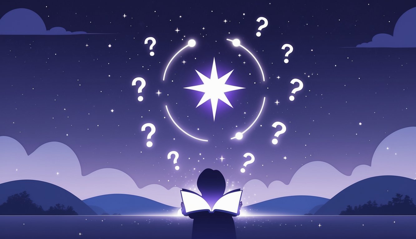 A person looking thoughtfully at a glowing star in a night sky filled with stars and floating question marks, with a calm landscape in the background.