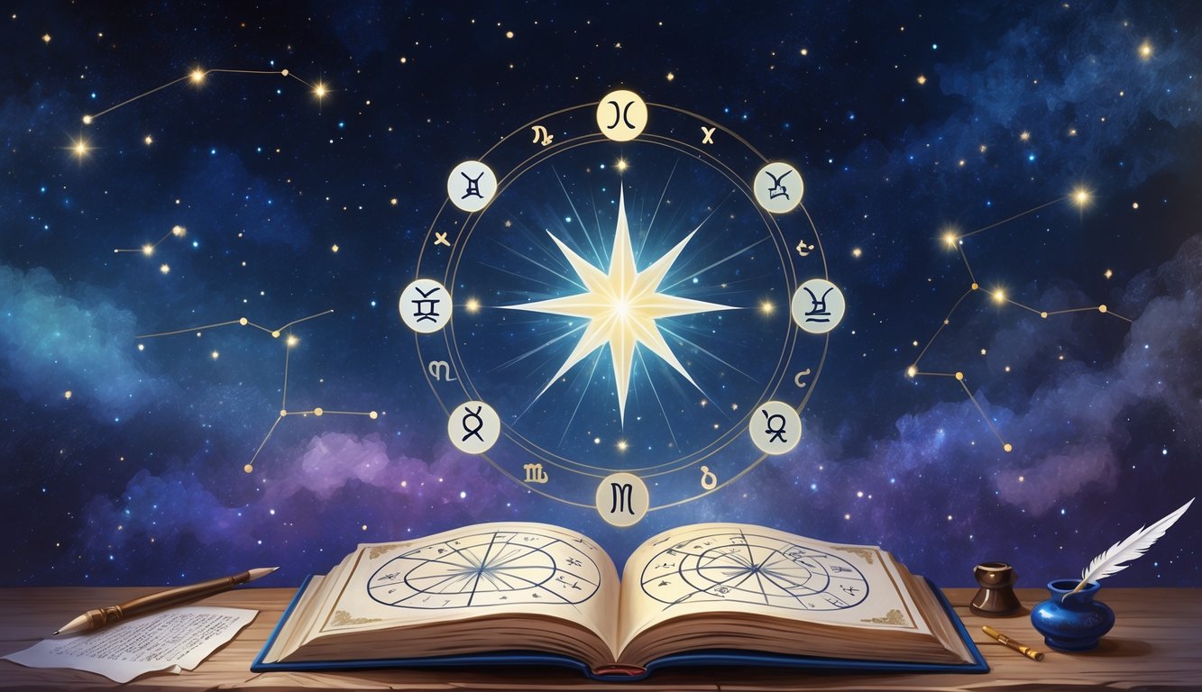 A night sky with a glowing birth star surrounded by zodiac symbols and an open astrology book on a table.