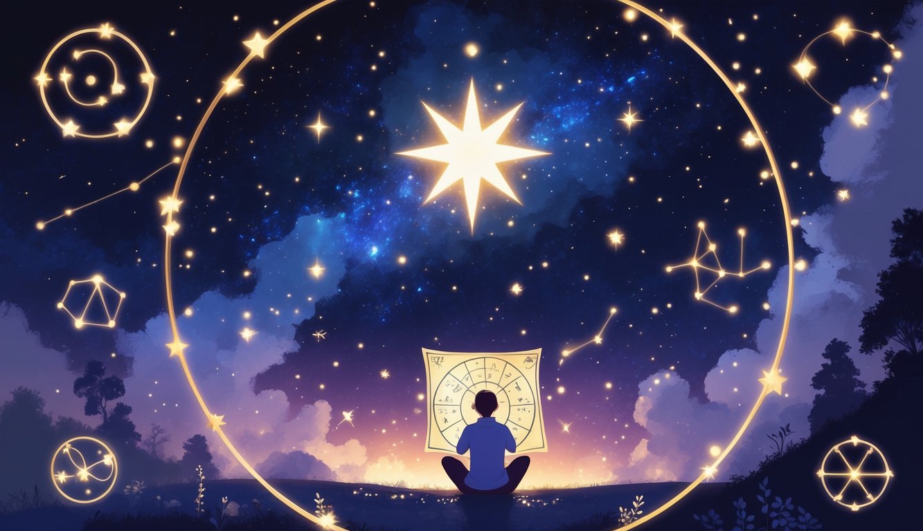 A person studying an astrological chart under a starry night sky with a bright birth star glowing above.
