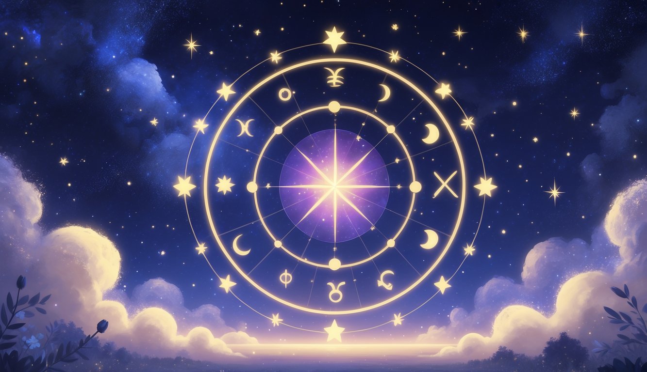 A glowing celestial star map with birth stars and constellations under a night sky filled with stars and soft cosmic light.