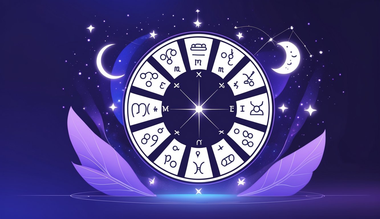 A circular zodiac wheel showing twelve astrology signs surrounded by stars, moons, and planets against a deep blue and purple starry background.
