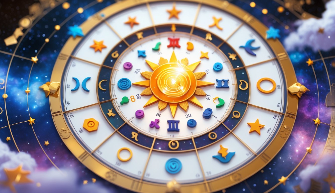 An intricate circular birth chart with astrological symbols and cosmic elements on a starry background.