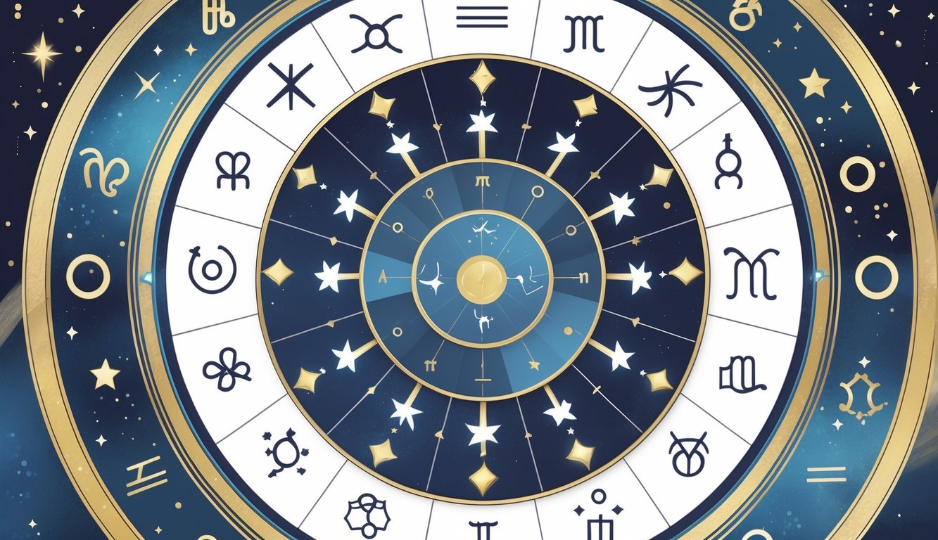 A circular astrological chart divided into twelve segments with zodiac symbols, planetary icons, and interconnected lines representing planetary aspects.